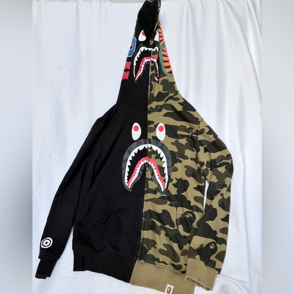 Bape Shark Half Zip Hoodie Black & Green Camo